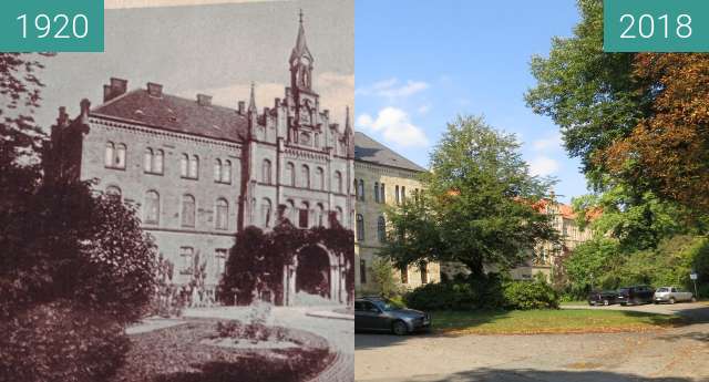 Before-and-after picture of Von der Irrenanstalt zum Ameos between 1920 and 2018-Sep-14