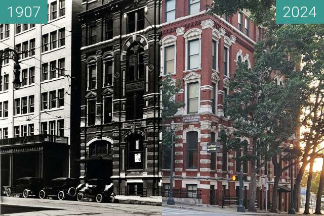 Before-and-after picture of Houston Cotton Building between 1907 and 2024-Apr-29