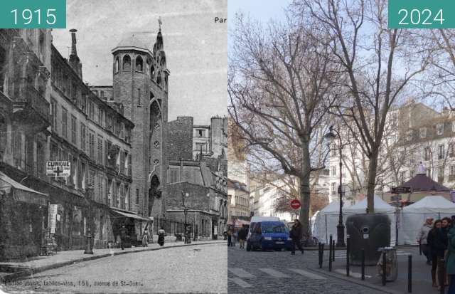 Before-and-after picture of Place des Abbesses between 1915 and 01/2024