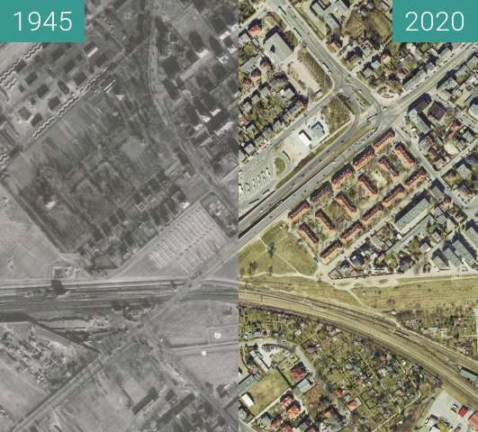 Before-and-after picture of Wiadukt Górczyński 1945 - 2020 between 1945 and 2020-Apr-05