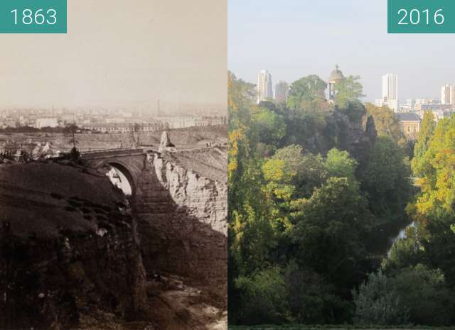 Before-and-after picture of Parc des Buttes-Chaumont between 1863 and 2016-Nov-01