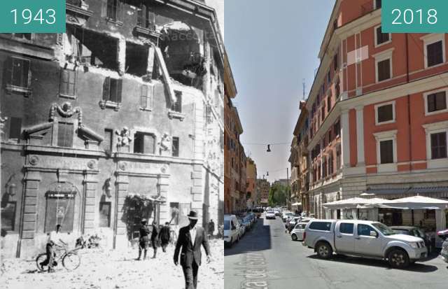 Before-and-after picture of San Lorenzo, Rome between 07/1943 and 2018-Mar-29