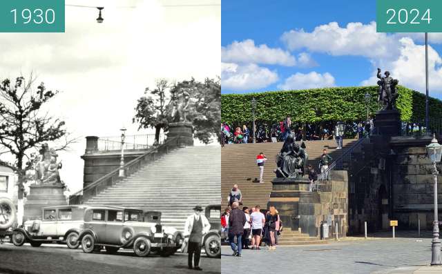 Before-and-after picture of Freitreppe Brühlsche Terrasse Dresden 1930 between 1930 and 04/2024