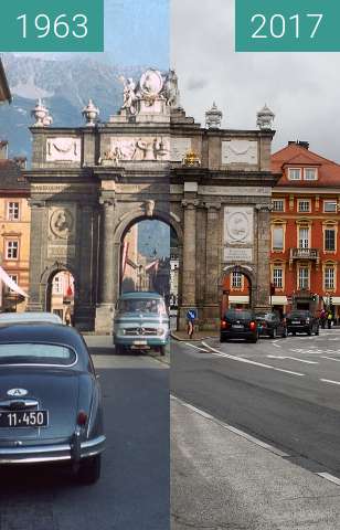 Before-and-after picture of Triumphpforte Innsbruck between 09/1963 and 2017-Sep-01
