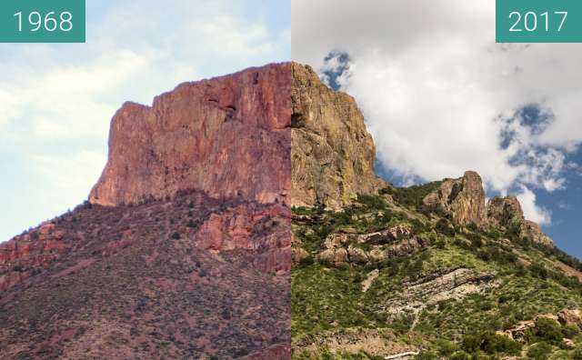 Before-and-after picture of Casa Grande from Chisos Basin between 1968 and 2017-Jul-30