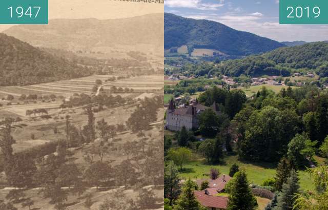 Before-and-after picture of Chateau de Hautefort between 1947 and 2019-Jul-12