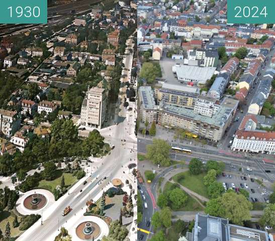 Before-and-after picture of Albertplatz in Dresden 1932 between 08/1932 and 2024-Apr-22
