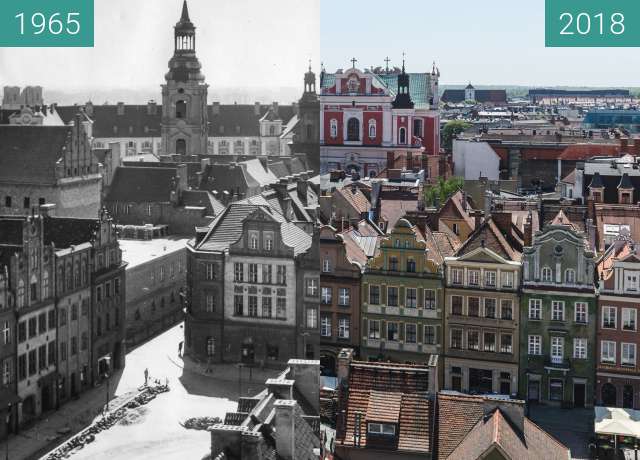Before-and-after picture of Widok z wieży ratuszowej between 1965 and 2018