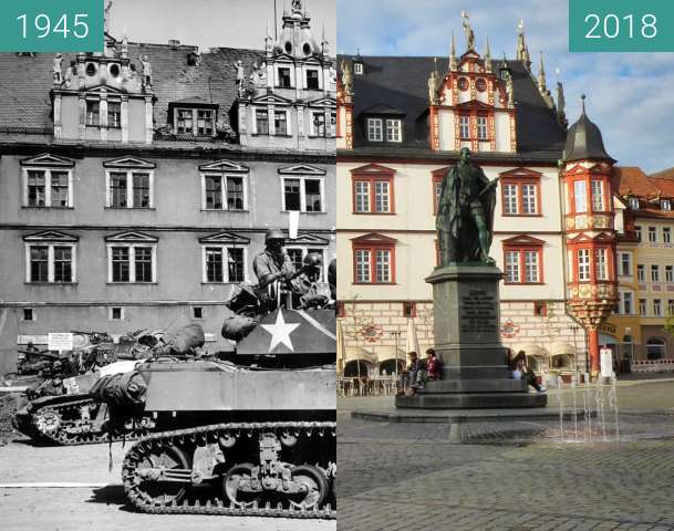 Before-and-after picture of Rathaus Coburg between 1945-Apr-25 and 2018-Jun-19