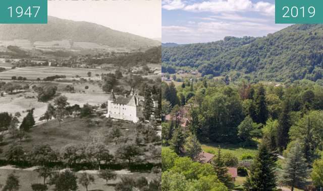 Before-and-after picture of Chateau de Hautefort between 1947 and 2019-Jul-12