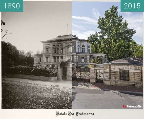 Before-and-after picture of Grohmann's Palace between 1890 and 2015