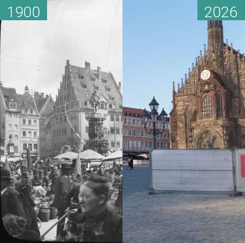 Before-and-after picture of Hauptmarkt mit Frauenkirche between 1906 and 07/2026