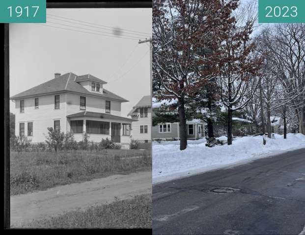 Before-and-after picture of Four Houses on Manitou Street between 1917-Aug-29 and 2023-Jan-20