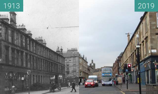 Before-and-after picture of Pollokshaws Road between 1913 and 2019-Mar-24