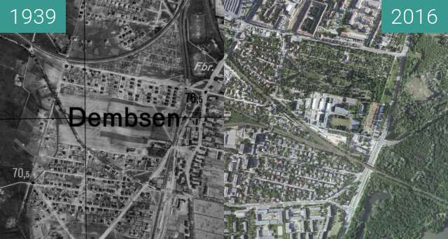 Before-and-after picture of Dębiec between 1939 and 2016