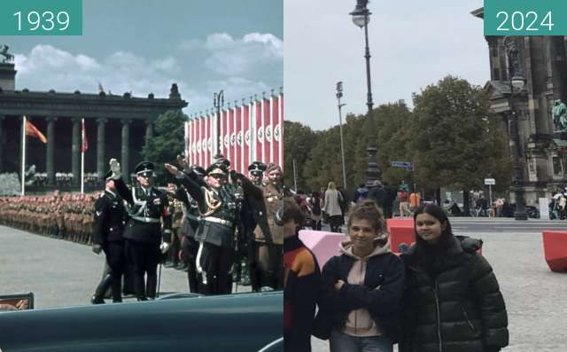 Before-and-after picture of Hitler at Lustgarten 1939 and today between 1939-Jun-06 and 2024-Oct-04