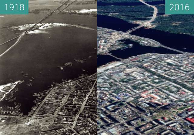 Before-and-after picture of Kyiv harbor from above between 04/1918 and 2016