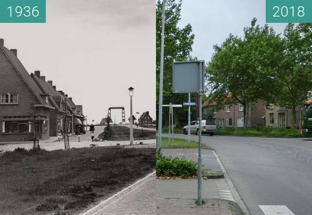Before-and-after picture of Brugstraat in the village of Middenmeer between 1936-May-23 and 2018-Jun-19