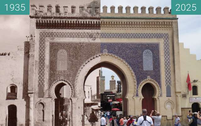 Before-and-after picture of Bab Boujloud between 1935 and 05/2025