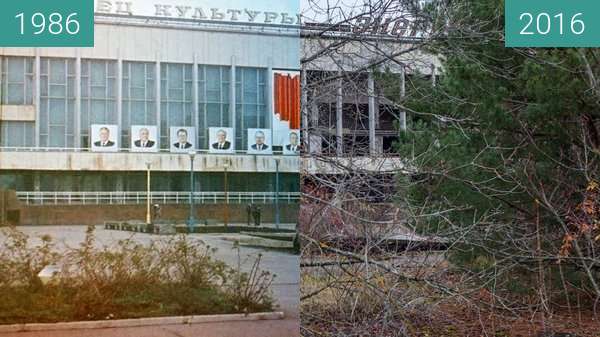 Before-and-after picture of Pripyat, Rajon Tschornobyl, Ukraine between 1986 and 2016
