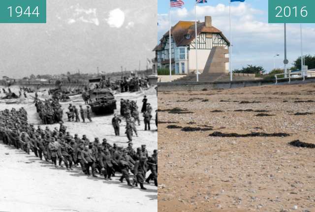 Before-and-after picture of Captured German Soldiers at Juno Beach between 1944-Jun-06 and 2016-Oct-22