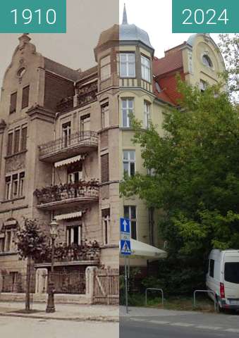 Before-and-after picture of Mickiewicza 32 between 1910 and 2024-Aug-22