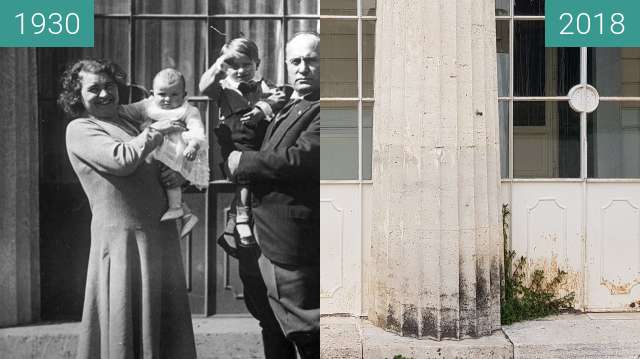 Before-and-after picture of Mussolini and family at Villa Torlonia between 1930-Apr-23 and 2018-Feb-17