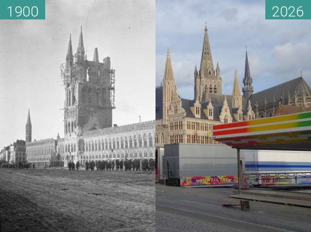 Vorher-Nachher-Bild von Tuchhallen Ypern (1. Weltkrieg) zwischen 10.1914 und 08.2026