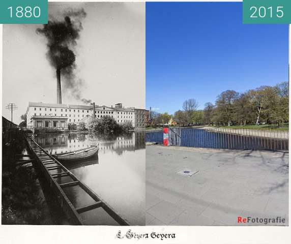 Before-and-after picture of Geyer's Factory between 1880 and 2015