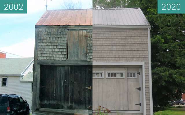 Before-and-after picture of Belfast Museum Barn Belfast, Maine between 2002-Jul-21 and 2020-Jul-21