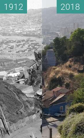 Before-and-after picture of Calle Orompello between 1912 and 2018-Dec-15