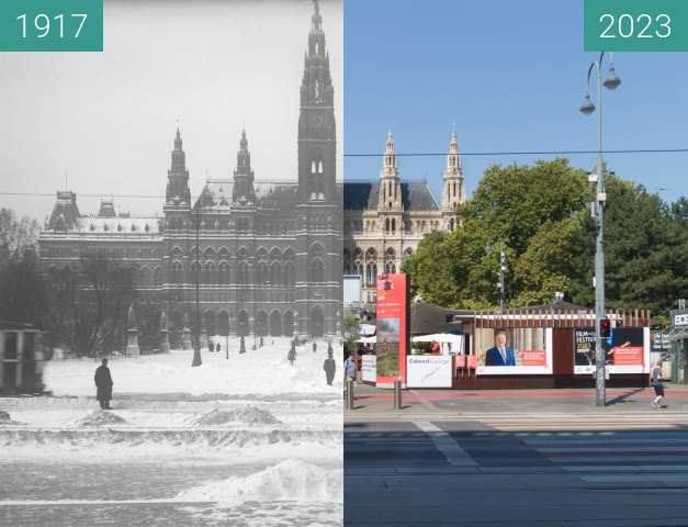 Before-and-after picture of Vienna City Hall between 1917-Dec-27 and 08/2023