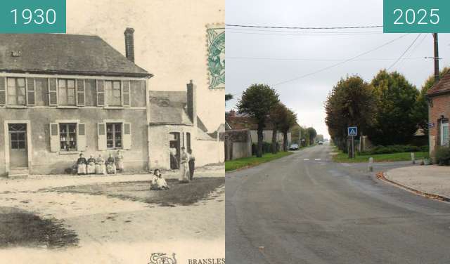 Image avant-après de Bransles - sortie du village vers Ferrières entre 1930 et 12/10/2025