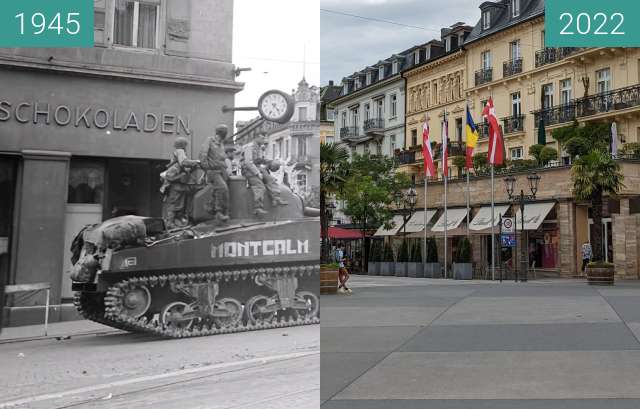 Before-and-after picture of Baden-Baden; Sinner-Eck between 1945 and 06/2022