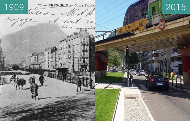Before-and-after picture of Grenoble | La Barrière (1909). Passage à niveaux. between 1909 and 2015