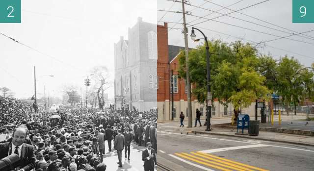 Before-and-after picture of Ebenezer Baptist Church between 1968-Apr-09 and 2021-Sep-03