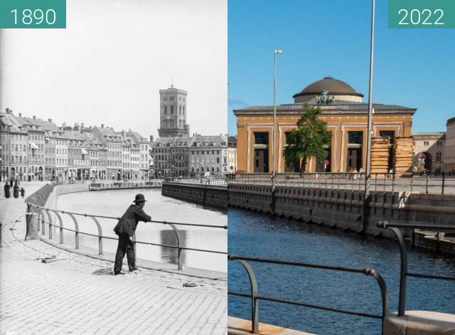 Before-and-after picture of Thorvaldsens Museum und Nikolaj Kirchturm between 1890 and 2022-Sep-17
