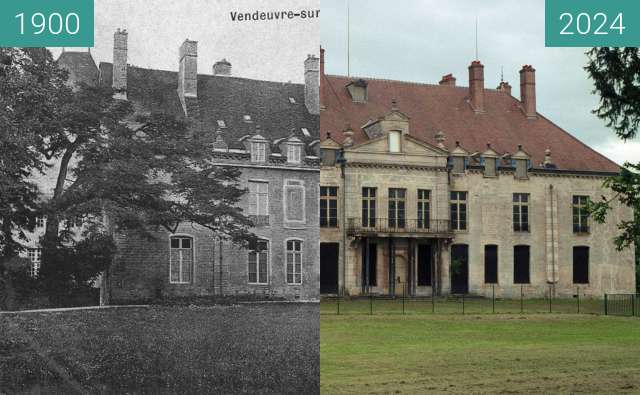 Before-and-after picture of Château de Vendeuvre-sur-Barse côté cour d'honneur between 1900 and 2024-Apr-27