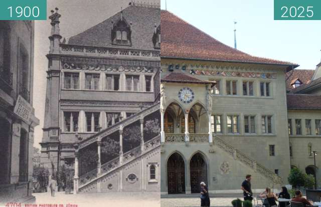Before-and-after picture of Berner Rathaus between 1900 and 08/2025