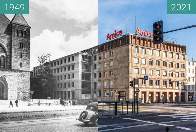 Before-and-after picture of Ulica św. Marcin between 1949 and 2021
