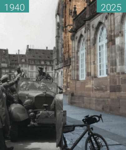 Before-and-after picture of Hitler at Strasbourg Cathedral between 1940-Jun-28 and 04/2025