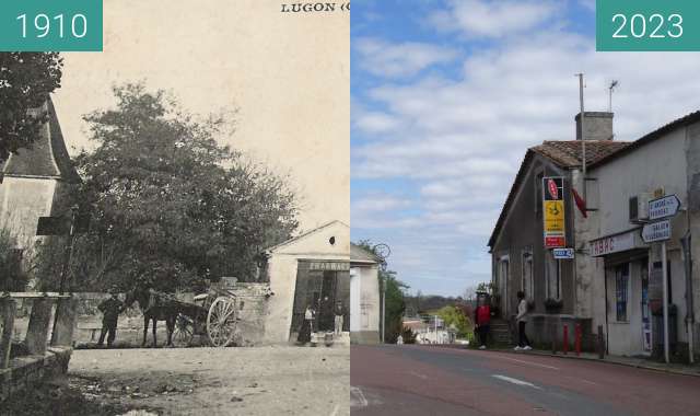 Before-and-after picture of Ancienne pharmacie de Lugon-et-l'Île-du-Carney between 1910 and 2023-Apr-06
