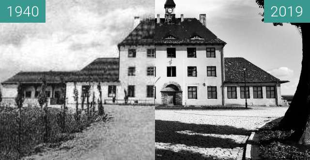 Before-and-after picture of Railway station in Zalesie Śląskie. between 1940 and 2019-Jul-25