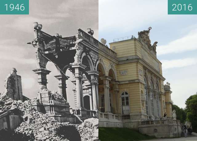 Before-and-after picture of Bombed Gloriette between 1946 and 2016