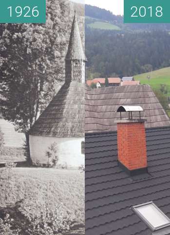 Before-and-after picture of Church in Muta, Slovenia 1926 vs. 2018 between 1926 and 2018-Jul-28
