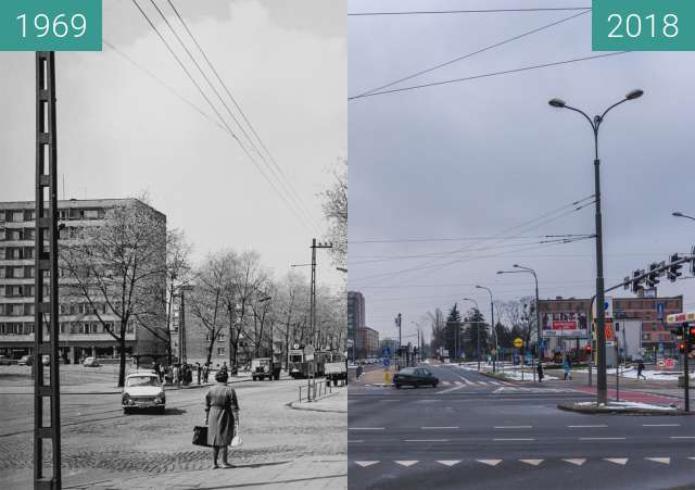 Before-and-after picture of Ulica Dąbrowskiego przy ulicy Żeromskiego between 1969 and 2018-Jan-21