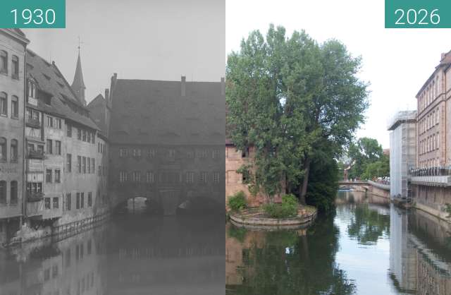 Vorher-Nachher-Bild von Heilig-Geist-Spital (vor dem 2. Weltkrieg) zwischen 1930 und 07.2026