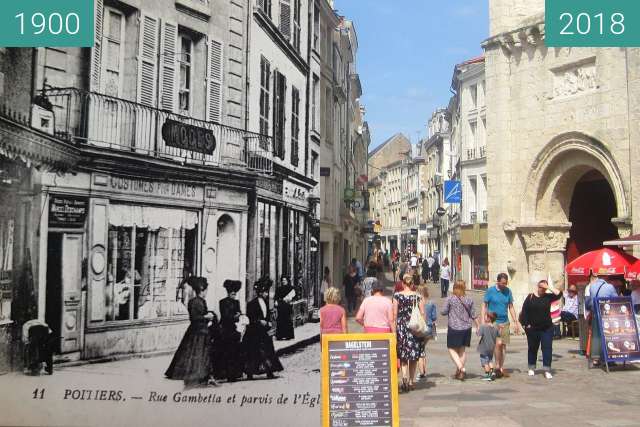 Before-and-after picture of Rue Gambetta between 1900 and 2018-Jul-18