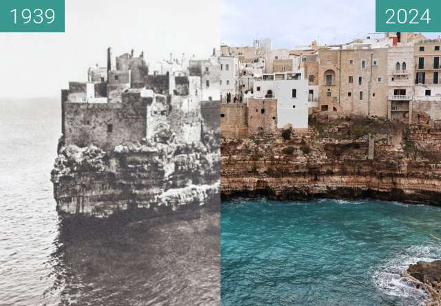 Before-and-after picture of Polignano a Mare, 1939 vs. 2024 between 1939 and 2024