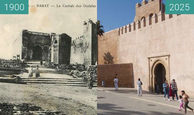 Vorher-Nachher-Bild von Kasbah des Udayas zwischen 1900 und 05.2025